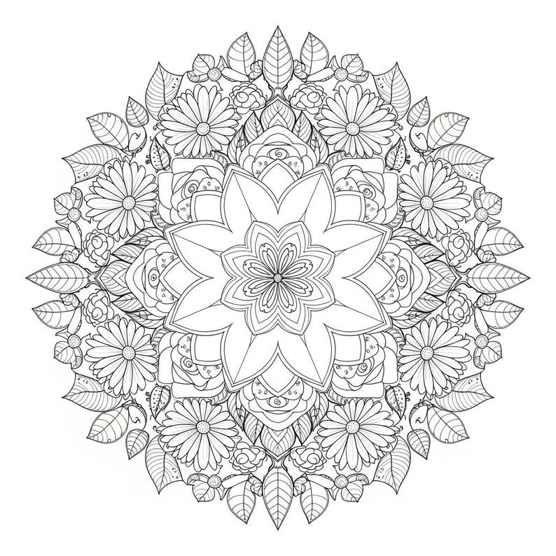 An intricate black and white circular floral mandala coloring page, featuring a large central bloom surrounded by detailed roses, daisies, and botanical leaves. This high-resolution line art is part of our 100-page Floral Mandala collection, designed for adult relaxation, mindfulness, and creative stress relief.
