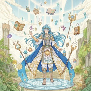 May include: An illustration of a character with long blue hair, wearing a white and gold outfit with a blue cape. The character is standing on a circular platform, surrounded by floating books, crystals, and staffs. The background features a cloudy sky and ancient ruins.