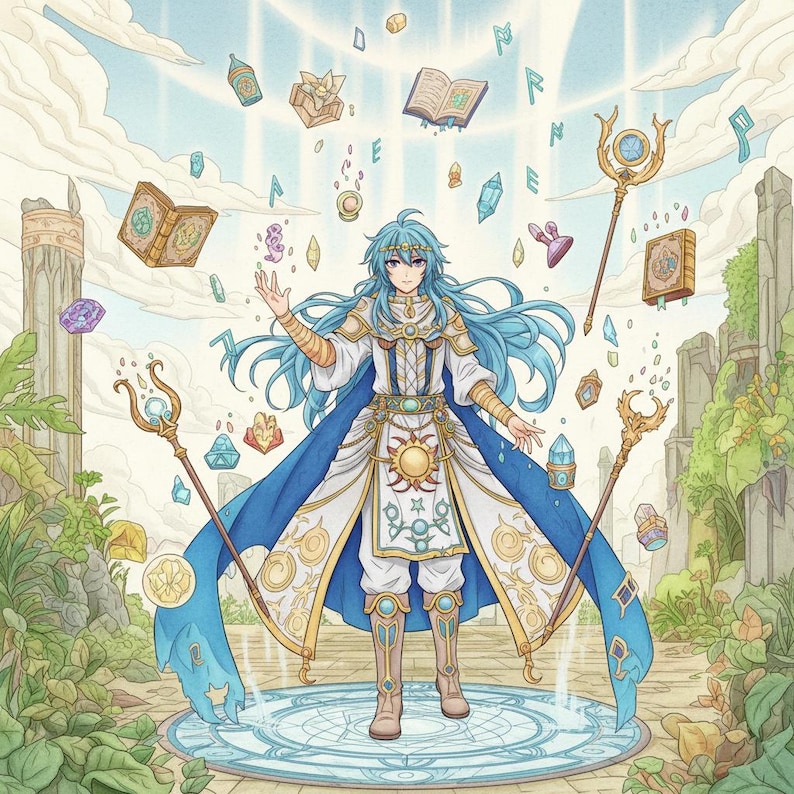May include: An illustration of a character with long blue hair, wearing a white and gold outfit with a blue cape. The character is standing on a circular platform, surrounded by floating books, crystals, and staffs. The background features a cloudy sky and ancient ruins.