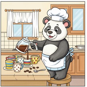 May include: A cartoon illustration of a panda bear wearing a chef's hat and apron, pouring coffee from a glass carafe into colorful mugs. Coffee beans and a spoon are on the table. The kitchen has a window and cabinets.