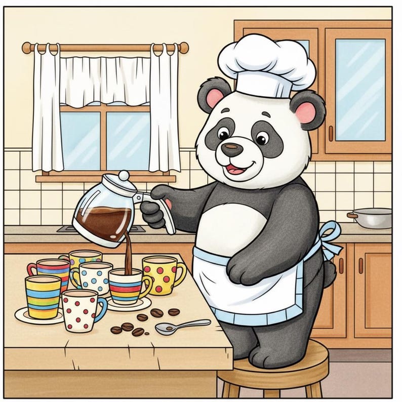 May include: A cartoon illustration of a panda bear wearing a chef's hat and apron, pouring coffee from a glass carafe into colorful mugs. Coffee beans and a spoon are on the table. The kitchen has a window and cabinets.
