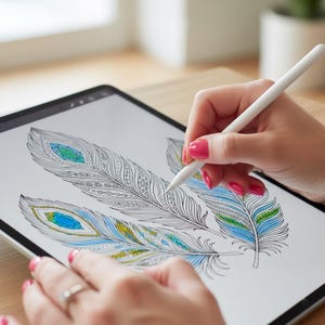 A lifestyle preview of a person's hands using a digital stylus to color intricate peacock feathers on a tablet. This 60-page collection features high-quality bohemian line art, including ornate feather designs with teal, lime green, and gold accents. Perfect for digital art enthusiasts, adult relaxation, and mindful meditation, these professional illustrations provide a versatile and high-value creative experience for all skill levels.