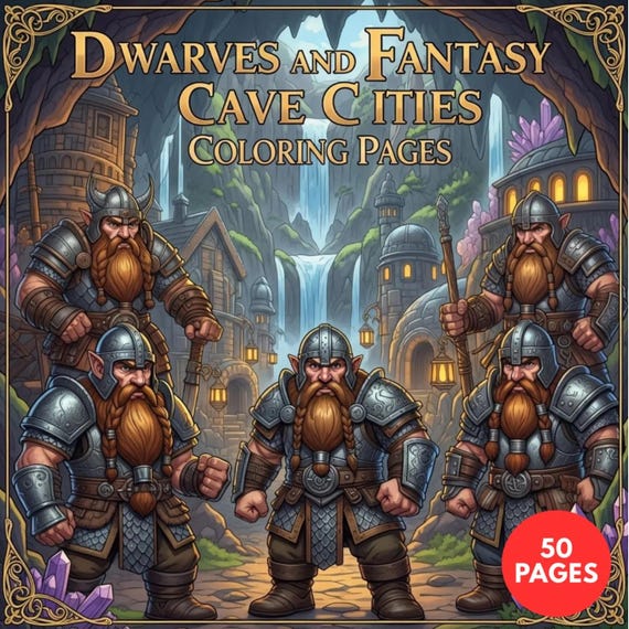 Dwarves and Fantasy Cave Cities Coloring Pages + Surprise Bonus Pages