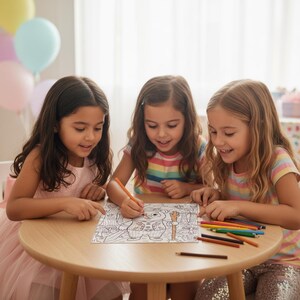 May include: Three young girls are seated around a light wood table, coloring a detailed black and white illustration with colored pencils. The girls are smiling and focused on their artwork. Balloons in pastel colors are visible in the background.