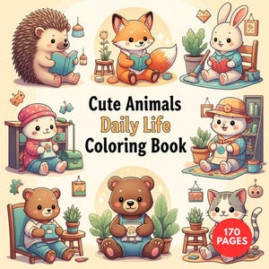 May include: A colorful illustration of a coloring book titled "Cute Animals Daily Life Coloring Book." The cover features cartoon animals like a hedgehog, fox, and rabbit, each reading a book. The book has 170 pages.