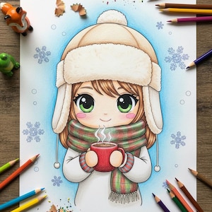 May include: A hand-drawn illustration of a girl in a winter hat and scarf, holding a red mug of hot beverage. The artwork features a light blue background with snowflakes and is surrounded by coloured pencils and small figurines.