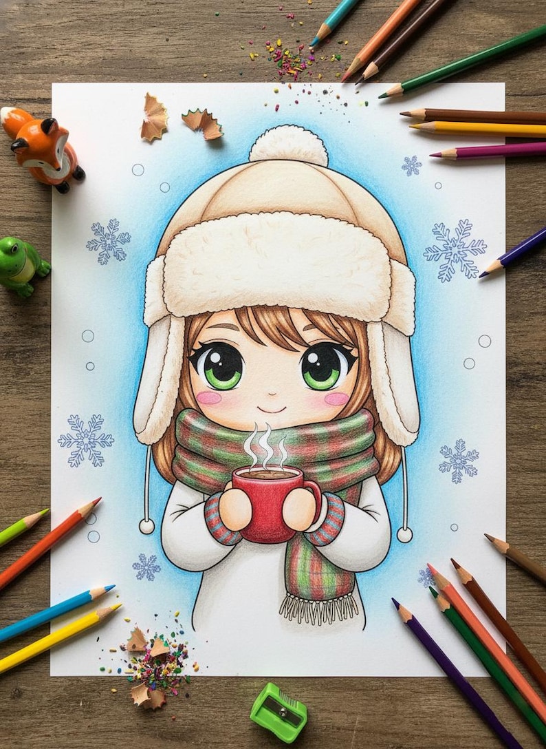 May include: A hand-drawn illustration of a girl in a winter hat and scarf, holding a red mug of hot beverage. The artwork features a light blue background with snowflakes and is surrounded by coloured pencils and small figurines.