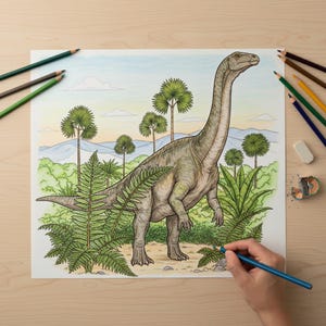 Hand coloring a detailed, long-necked Brachiosaurus dinosaur and prehistoric ferns with a blue pencil. An engaging Jurassic World adventure dinosaur coloring page for kids.