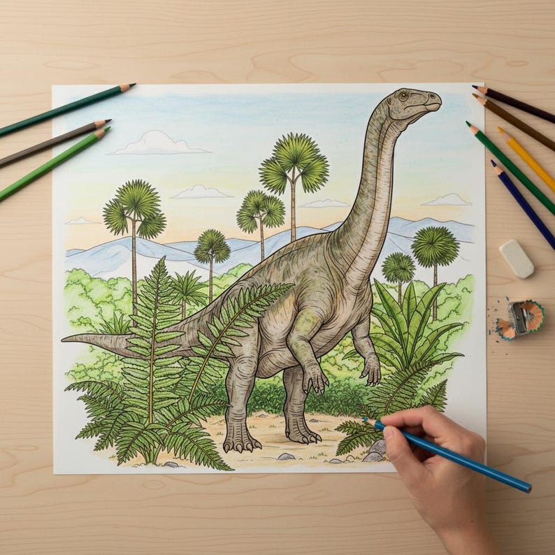 Hand coloring a detailed, long-necked Brachiosaurus dinosaur and prehistoric ferns with a blue pencil. An engaging Jurassic World adventure dinosaur coloring page for kids.