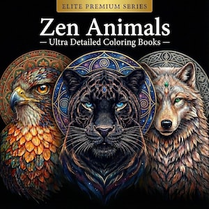 May include: A digitally illustrated book cover featuring three detailed animal portraits: an eagle, a black panther, and a wolf. The title "Zen Animals" is displayed above the animal portraits, with the subtitle "Ultra Detailed Coloring Books".