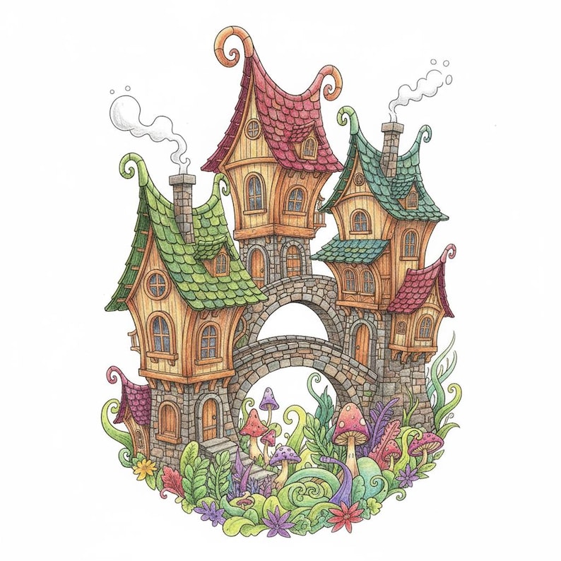 May include: A whimsical illustration of a fairy village with multiple colorful houses connected by a stone bridge. The houses have red and green roofs, wooden walls, and small windows. The scene is surrounded by lush greenery, mushrooms, and flowers.