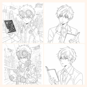 May include: Four-panel black and white illustration featuring anime-style characters. Two characters are wearing goggles and futuristic outfits, holding tablets. The other two are in school uniforms, holding books. The background shows a cityscape.