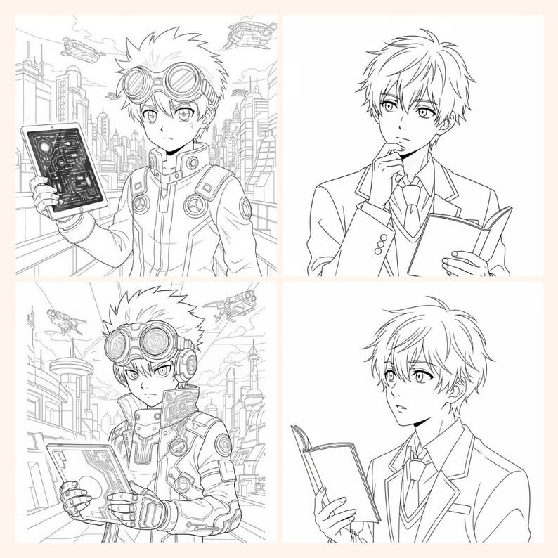 May include: Four-panel black and white illustration featuring anime-style characters. Two characters are wearing goggles and futuristic outfits, holding tablets. The other two are in school uniforms, holding books. The background shows a cityscape.