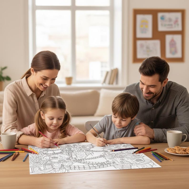 May include: A family of four is gathered around a wooden table, coloring a large black and white illustration. The illustration features a detailed cityscape. Colored pencils and mugs are on the table. The family is smiling and engaged in the activity.