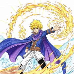 May include: A colorful illustration of a young person with spiky blonde hair, wearing a blue and purple cape, and white pants. The character is surrounded by flames and appears to be casting a spell. The background features a bright sun and icy blue elements.