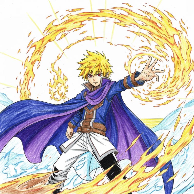 May include: A colorful illustration of a young person with spiky blonde hair, wearing a blue and purple cape, and white pants. The character is surrounded by flames and appears to be casting a spell. The background features a bright sun and icy blue elements.