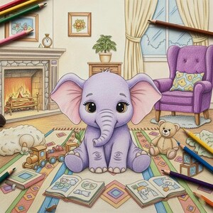 May include: A whimsical illustration of a purple baby elephant with large eyes, sitting on a colorful rug. The scene includes a teddy bear, wooden train, open books, and colored pencils, creating a cozy nursery or playroom setting.