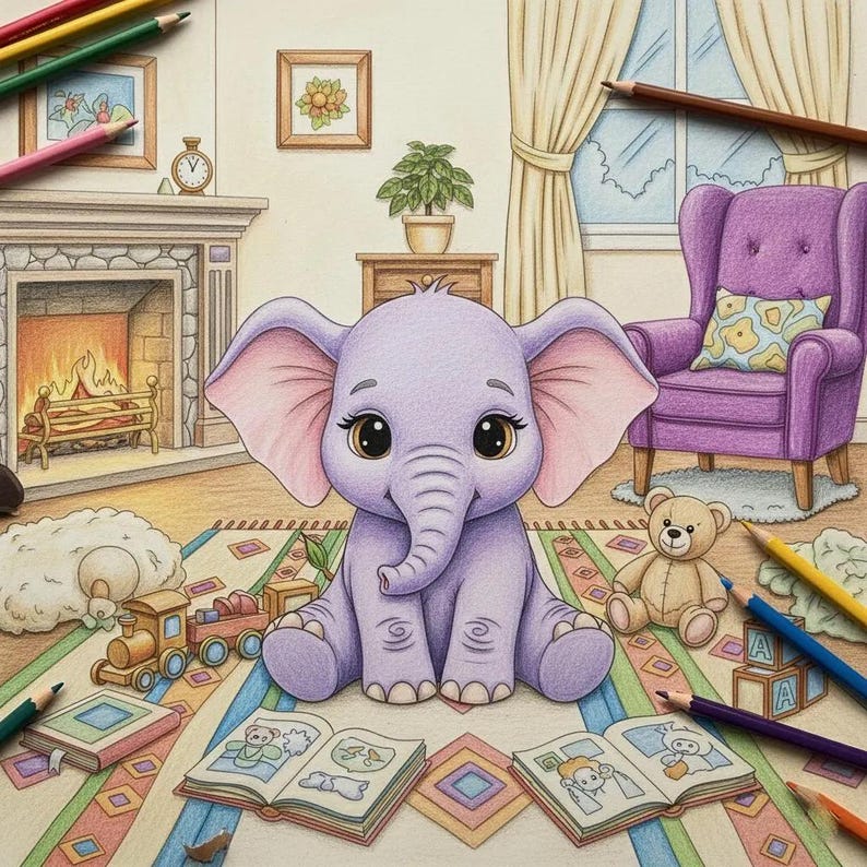 May include: A whimsical illustration of a purple baby elephant with large eyes, sitting on a colorful rug. The scene includes a teddy bear, wooden train, open books, and colored pencils, creating a cozy nursery or playroom setting.