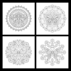 May include: Four black and white butterfly mandala designs. Each mandala features a detailed butterfly illustration surrounded by intricate floral or geometric patterns. The designs are suitable for coloring or decorative purposes.