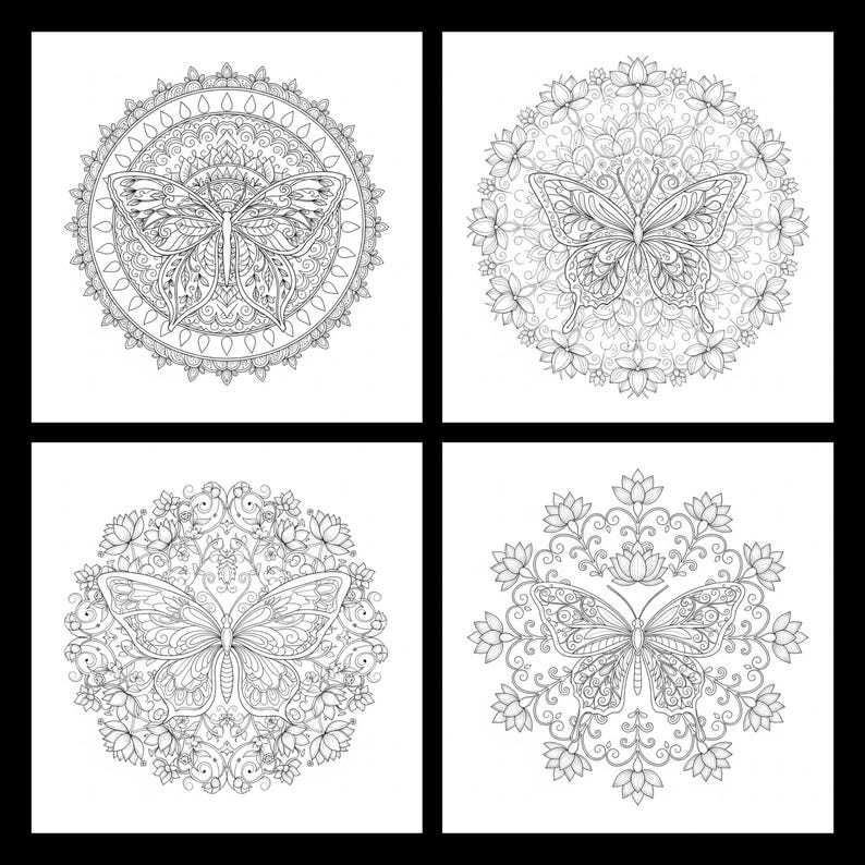 May include: Four black and white butterfly mandala designs. Each mandala features a detailed butterfly illustration surrounded by intricate floral or geometric patterns. The designs are suitable for coloring or decorative purposes.
