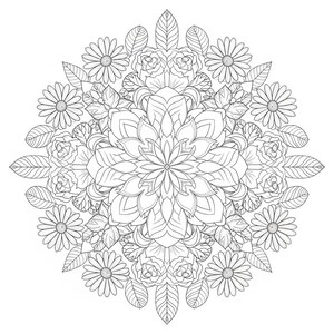 An intricate black and white circular floral mandala coloring page, featuring a layered petal central bloom surrounded by detailed roses, daisies, and elegant botanical leaves. This high-resolution line art is part of our 100-page Floral Mandala collection, designed for adult relaxation, mindfulness, and creative stress relief.