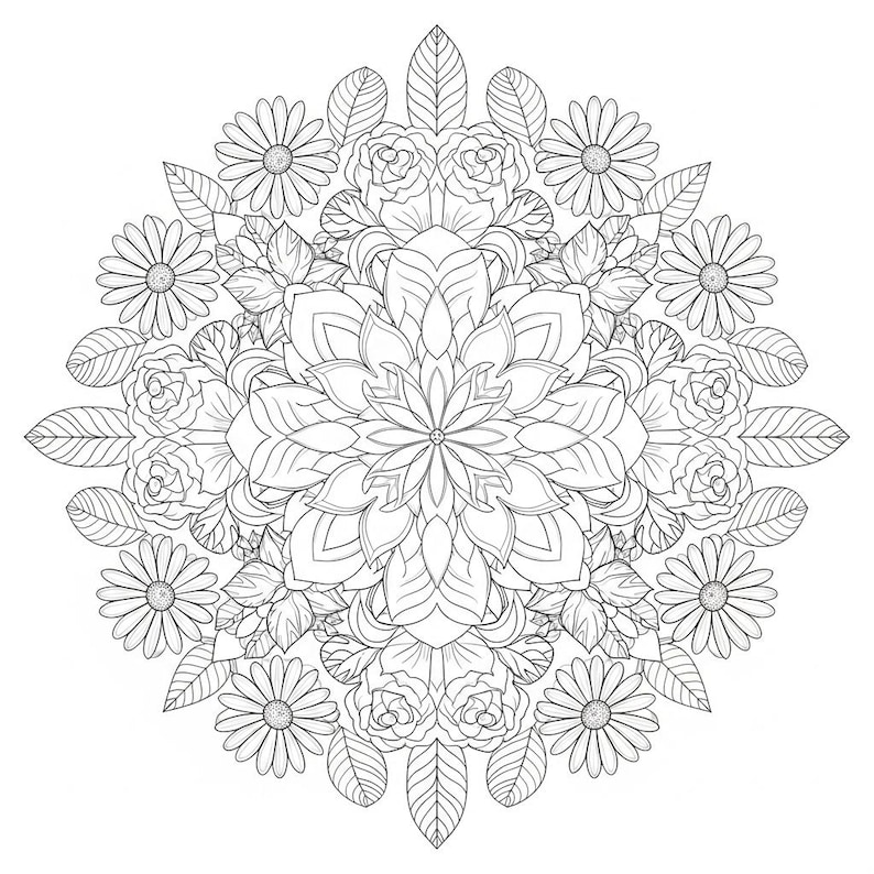 An intricate black and white circular floral mandala coloring page, featuring a layered petal central bloom surrounded by detailed roses, daisies, and elegant botanical leaves. This high-resolution line art is part of our 100-page Floral Mandala collection, designed for adult relaxation, mindfulness, and creative stress relief.