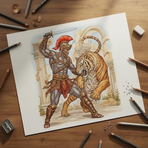 May include: An illustration shows a gladiator in armour fighting a tiger. The gladiator has a red-crested helmet and brown leather armour. The tiger is orange and black, with its mouth open. Classical architecture forms the background of the scene.