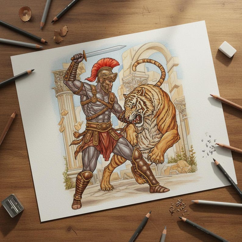 May include: An illustration shows a gladiator in armour fighting a tiger. The gladiator has a red-crested helmet and brown leather armour. The tiger is orange and black, with its mouth open. Classical architecture forms the background of the scene.