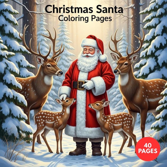 Christmas Santa Coloring Pages for Adults, Holiday Line Art Printable PDF, Winte