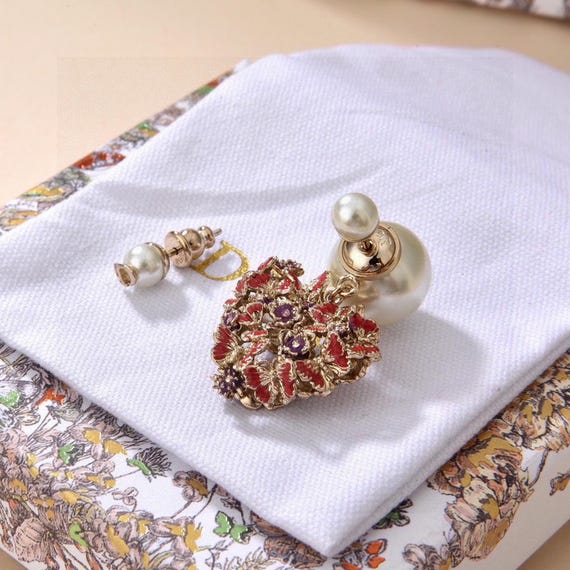 Vintage Heart Pearl Dior Earrings, Retro Floral Heart Dangle
