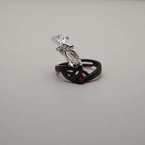 K&ouml;nnte beinhalten: Gezeigt werden zwei Ringe, einer silberfarben und einer schwarz. Der silberfarbene Ring hat ein dekoratives Design mit einem klaren Stein. Der schwarze Ring hat ein ausgeschnittenes Design und einen kleinen roten Stein. Die Ringe sind vor neutralem Hintergrund.