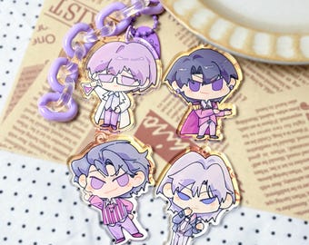 May include: Four acrylic charms featuring stylized anime characters in shades of purple, lavender, and white. Each charm depicts a different character in a unique outfit, attached to a lavender plastic chain with a clear link and a small heart charm.