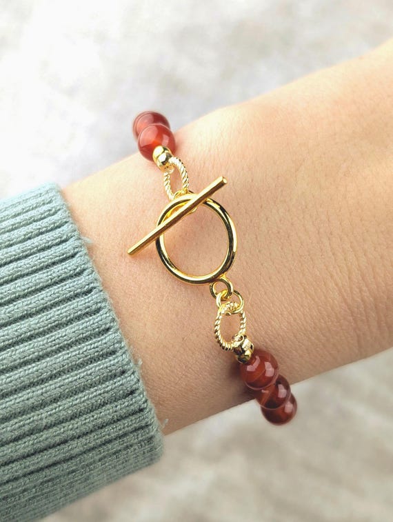Red Jasper Beaded Bracelet, Aries Taurus Leo Natural Gemstone Jewelry, Minimalist Crystal Strength Wristband, Golden Toggle Clasp Women Gift
