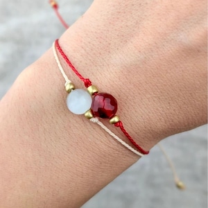 Red Ruby & White Moonstone Unisex Bracelet | Adjustable Couple Wax Cord | Leo Cancer String Accessory | Passion Intuition Gemstone Jewelry