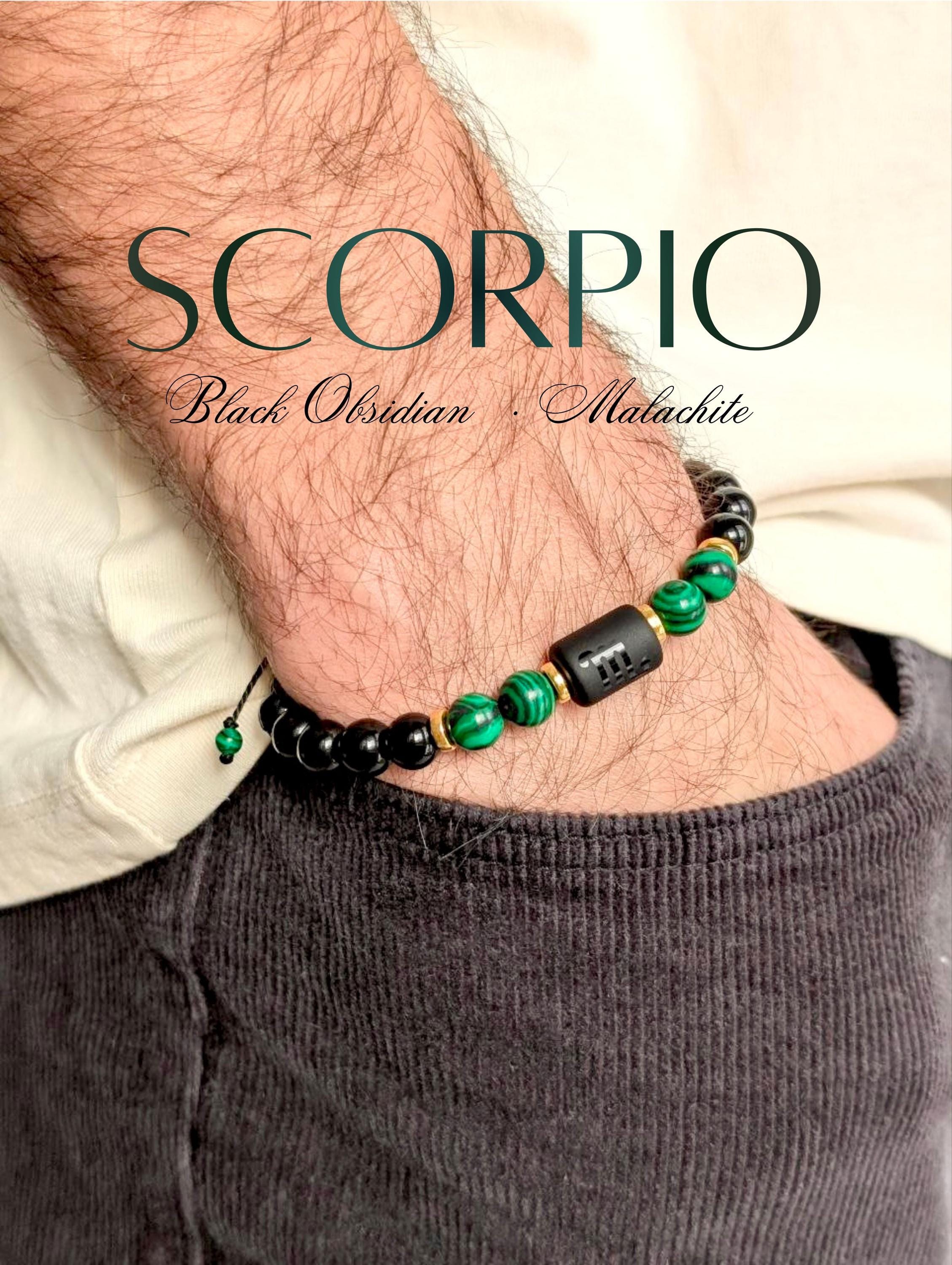 Natural Malachite Obsidian Men Scorpio Bracelet, Zodiac Sign Gemstone Beaded Jewelry, Adjustable Wax Cord Protection Wristband Gift for Him