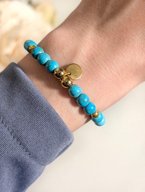 Turquoise Hematite Women Beaded Bracelet, Gemstone Gold Charm, Adjustable Minimalist Wristband, Sagittarius Pisces Aquarius Crystal Jewelry