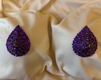 Purple, Blue Volcano Rhinestoned Teardrop Pastie with Tassel Attachment // 3D Printed Pastie // Navette // Horse Eye Rhinestone