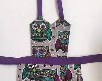 Kids owl print full front apron / Sugar skull style owl print / Pink and Purple kids apron