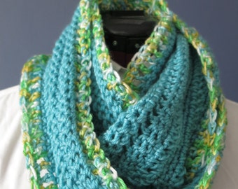 Teal, Green, Yellow Crochet Circle Scarf / Robins Egg Blue Crochet Infinity Scarf / Long Loose Circle Scarf