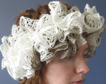 Ruffle Crochet Flower Crown Headband / White, Tan Sparkle Ruffle Yarn Ear Warmer / Neutral Wide Ruffle Turban