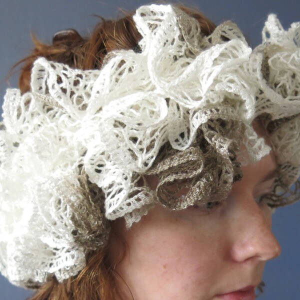 Ruffle Crochet Flower Crown Headband / White, Tan Sparkle Ruffle Yarn Ear Warmer / Neutral Wide Ruffle Turban