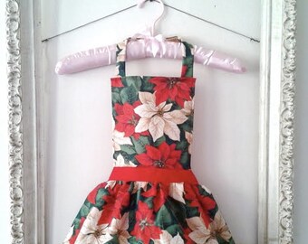 Red Green and White Poinsettia Child Apron / Christmas Apron / Girls Full Front Holiday Apron