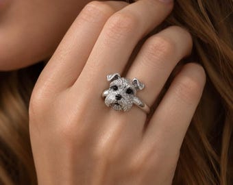 Silver-Tone Schnauzer Ring, Detailed Puppy Face Statement Jewelry, Alloy Plated Dog Lover Accessory