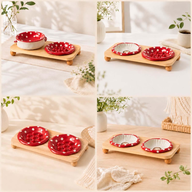 May include: A wooden pet feeder stand with four small rounded feet, featuring two ceramic bowls. The bowls are red with white polka dots and have a textured, raised interior surface. The set is designed for feeding, with a low-profile rectangular base.