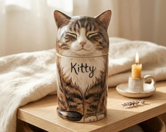 Hand-Painted Ceramic Cat Urn, Custom Pet Memorial Keepsake Ashes Urn