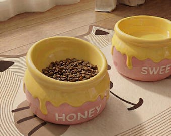 Honey Jar Ceramic Pet Bowl, Raised Cat Water Dish, Small Dog Food Feeder