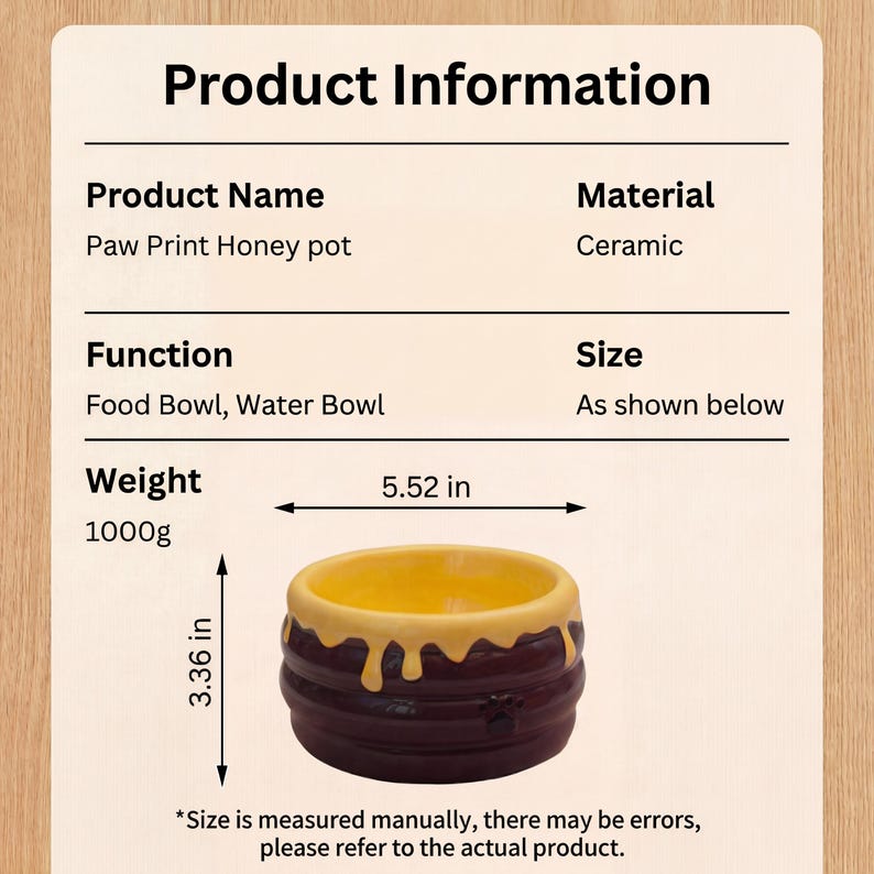 Peut inclure: Un bol en c&eacute;ramique en forme de pot de miel avec empreintes de pattes, pour nourriture et eau. Le bol marron a un int&eacute;rieur jaune et un motif de miel sur le bord. Il mesure 14,02 cm de large et 8,53 cm de haut.