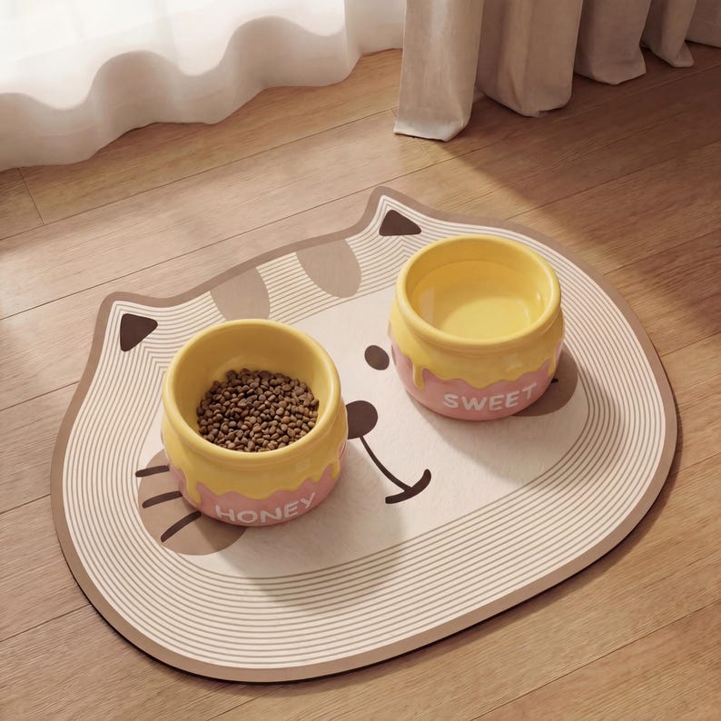 Peut inclure: Un tapis de nourriture pour animaux de compagnie en forme de chat avec deux bols jaunes et roses. Un bol contient de la nourriture pour animaux, l'autre est vide. Le tapis a un visage de chat et les mots "HONEY" et "SWEET" sont sur les bols.
