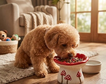 Ceramic Mushroom Pet Bowl, Elevated Slow Feeder, Wooden Stand Option