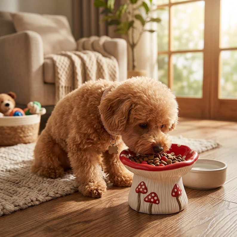 May include: A light brown curly-haired dog eating from a ceramic pet bowl shaped like a red and white mushroom with a wide cap and a stem decorated with smaller mushroom illustrations. A plain white bowl sits nearby on a wooden floor.